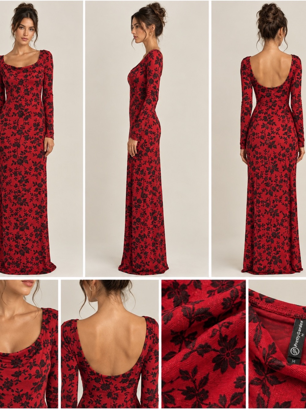 Red Floral Scoop-Back Long-Sleeve Maxi Dress